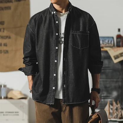 Benton Button-Up Denim Shirt with Relaxed Fit and Subtle Distressing for Easy Layering - The Southern AtelierSKU_1791063574376_18