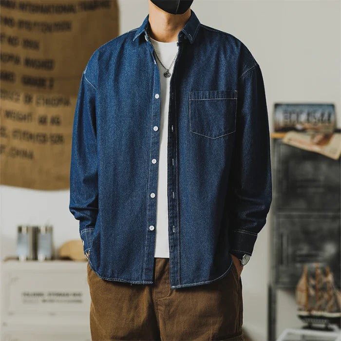 Benton Button-Up Denim Shirt with Relaxed Fit and Subtle Distressing for Easy Layering - The Southern AtelierSKU_1791063574376_336