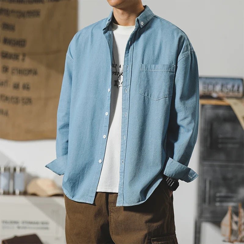 Benton Button-Up Denim Shirt with Relaxed Fit and Subtle Distressing for Easy Layering - The Southern AtelierSKU_1791063574376_781
