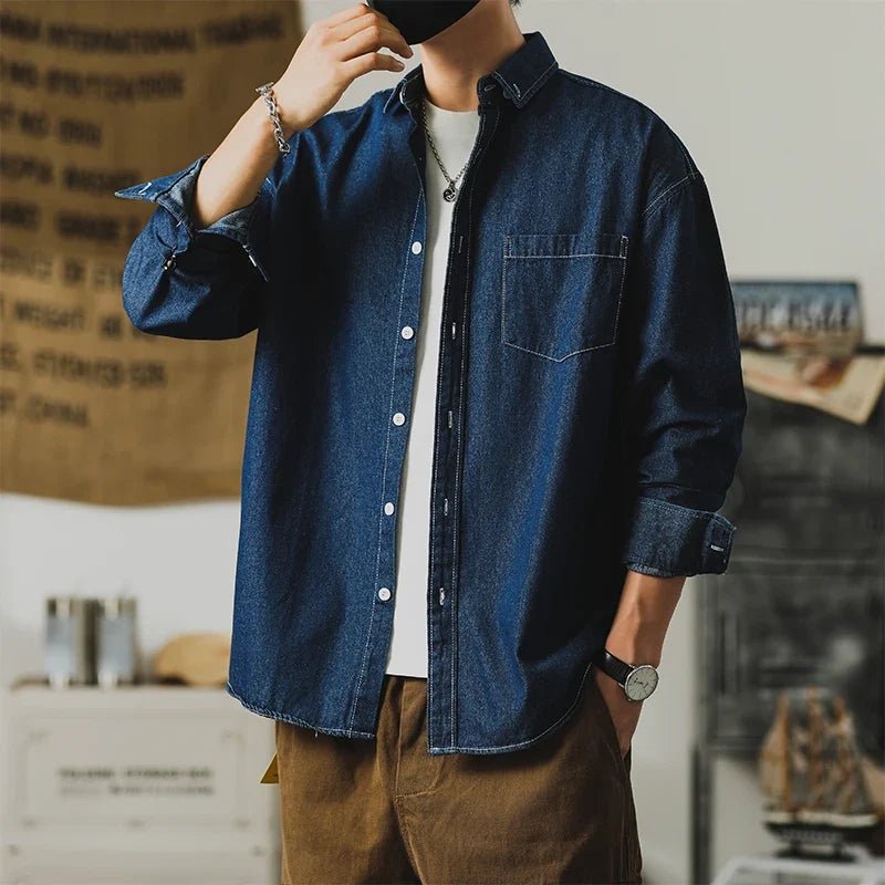 Benton Button-Up Denim Shirt with Relaxed Fit and Subtle Distressing for Easy Layering - The Southern AtelierSKU_1791063574376_781