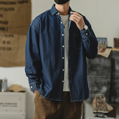 Benton Button-Up Denim Shirt with Relaxed Fit and Subtle Distressing for Easy Layering - The Southern AtelierSKU_1791063574376_781