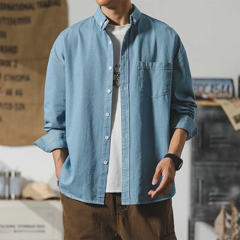 Benton Button-Up Denim Shirt with Relaxed Fit and Subtle Distressing for Easy Layering - The Southern AtelierSKU_1791063574376_781