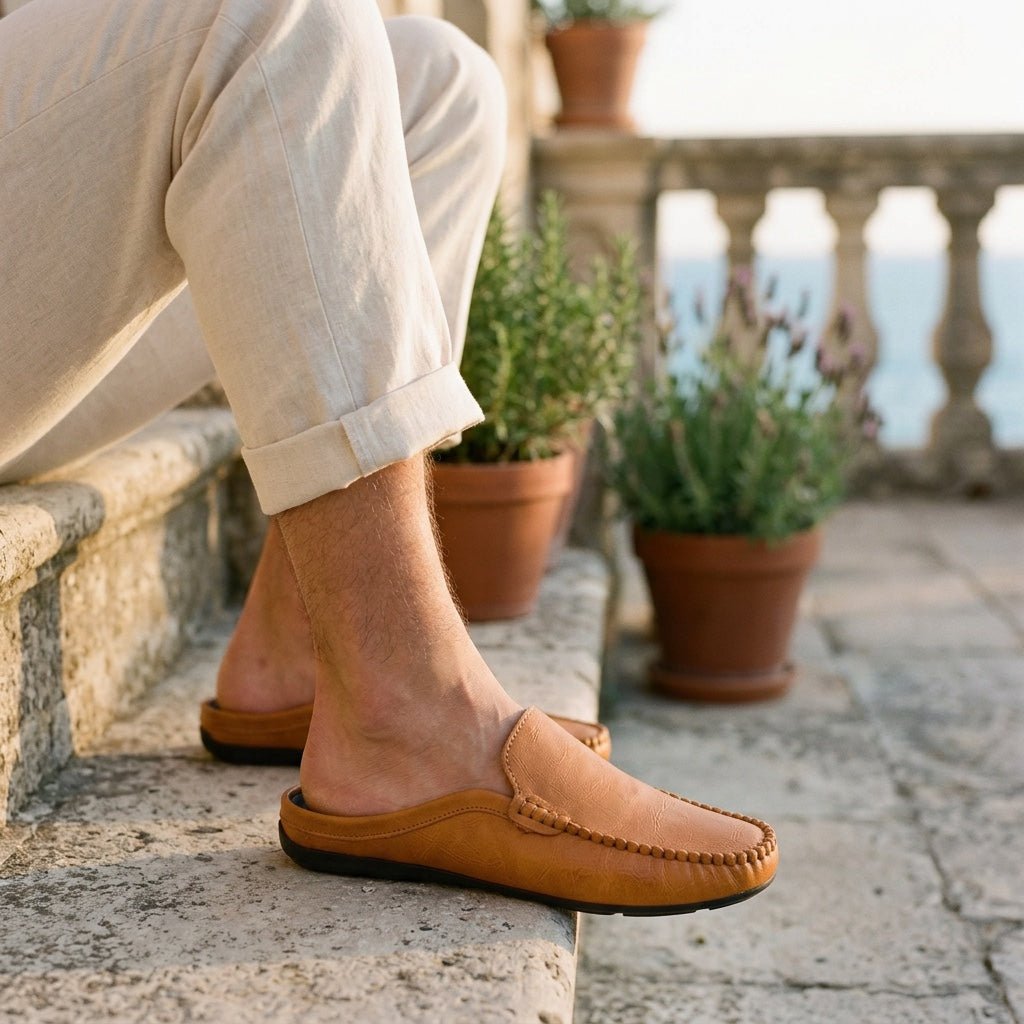Calder Grained Leather Mules with Hand-Stitched Moc Toe and Open Back for Warm-Weather Comfort - The Southern AtelierSKU_1791063722994_838
