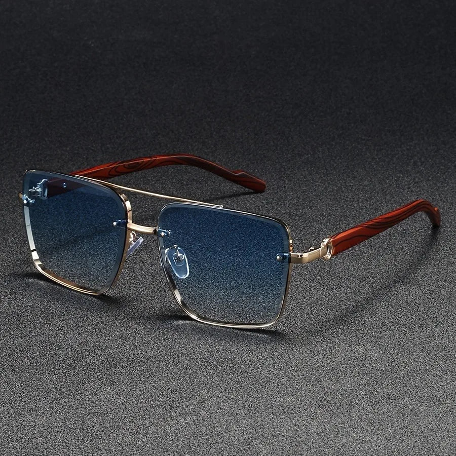 Calder Metal Square Sunglasses with Wood-Finish Arms and Glare-Reducing UV Gradient Lenses for All-Day Comfort - The Southern AtelierSKU_1791063672417_471