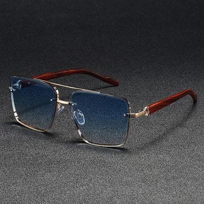 Calder Metal Square Sunglasses with Wood-Finish Arms and Glare-Reducing UV Gradient Lenses for All-Day Comfort - The Southern AtelierSKU_1791063672417_471