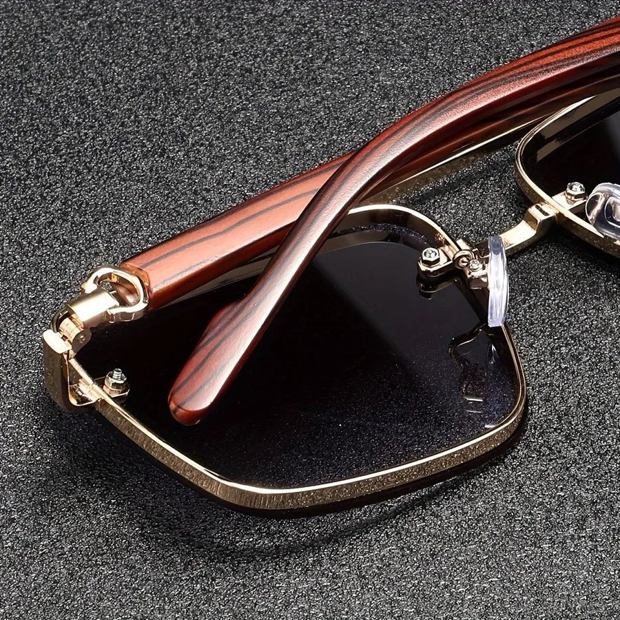 Calder Metal Square Sunglasses with Wood-Finish Arms and Glare-Reducing UV Gradient Lenses for All-Day Comfort - The Southern AtelierSKU_1791063672417_767