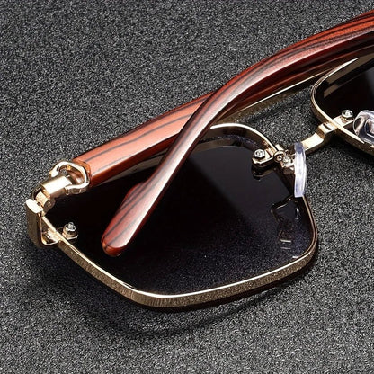 Calder Metal Square Sunglasses with Wood-Finish Arms and Glare-Reducing UV Gradient Lenses for All-Day Comfort - The Southern AtelierSKU_1791063672417_767