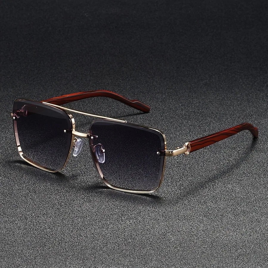 Calder Metal Square Sunglasses with Wood-Finish Arms and Glare-Reducing UV Gradient Lenses for All-Day Comfort - The Southern AtelierSKU_1791063672417_767