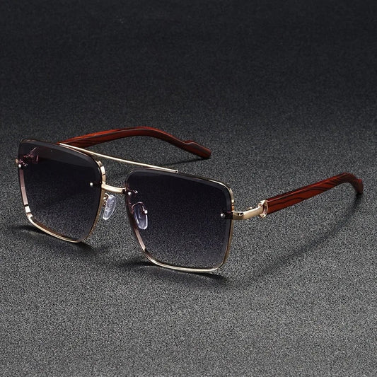 Calder Metal Square Sunglasses with Wood-Finish Arms and Glare-Reducing UV Gradient Lenses for All-Day Comfort - The Southern AtelierSKU_1791063672417_767