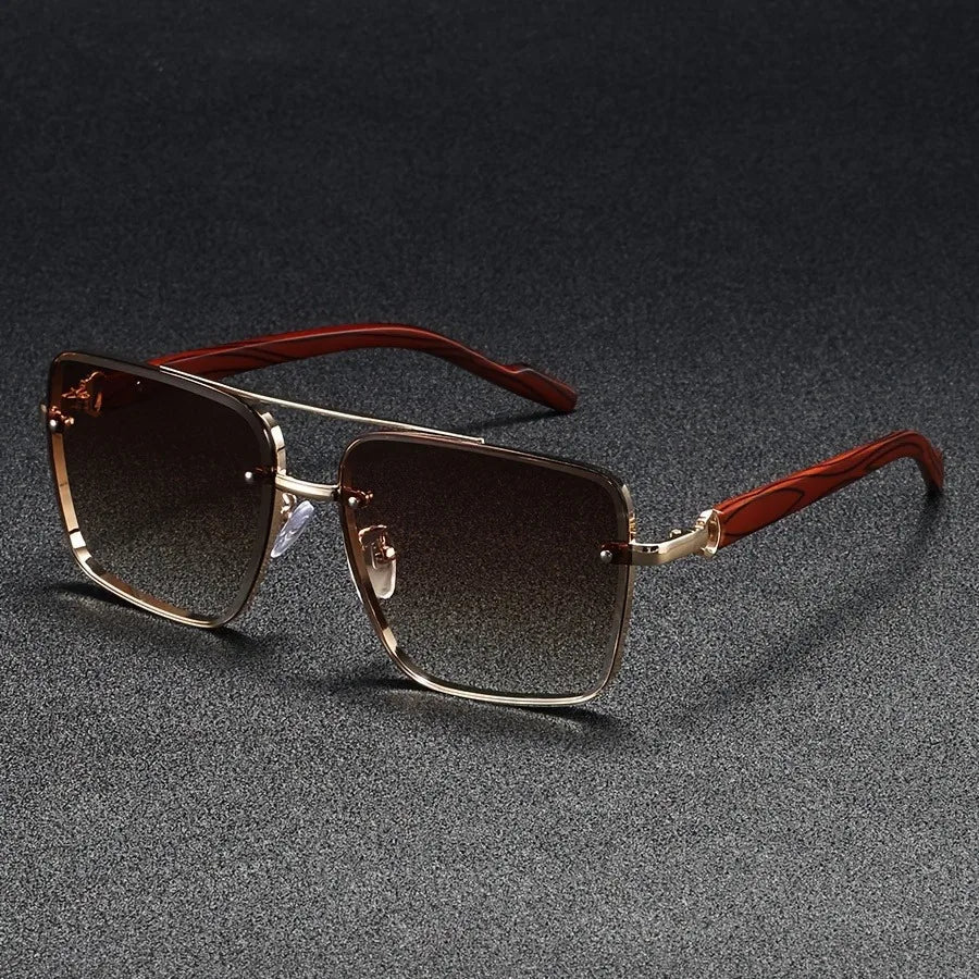 Calder Metal Square Sunglasses with Wood-Finish Arms and Glare-Reducing UV Gradient Lenses for All-Day Comfort - The Southern AtelierSKU_1791063672417_853