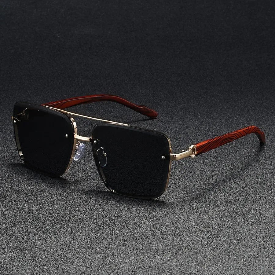 Calder Metal Square Sunglasses with Wood-Finish Arms and Glare-Reducing UV Gradient Lenses for All-Day Comfort - The Southern AtelierSKU_1791063672417_990