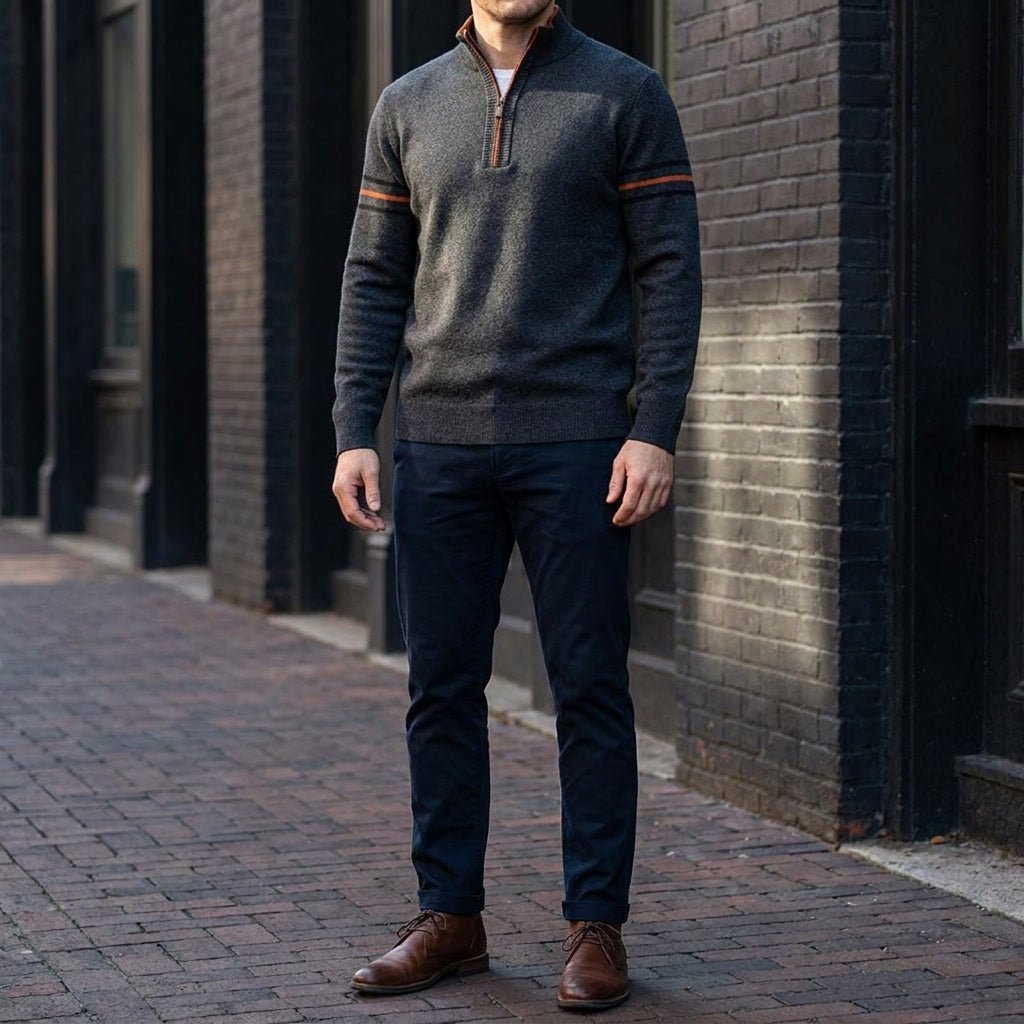 Calder Mock-Neck Quarter-Zip Sweater in Soft Lightweight Knit for Easy Layering with Contrast Sleeve Stripes - The Southern AtelierSKU_1791063572063_576