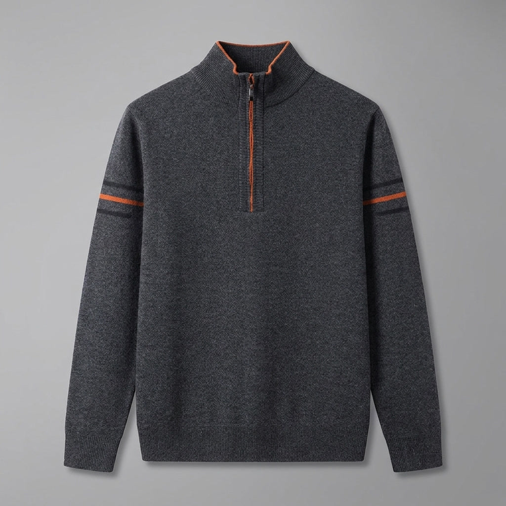 Calder Mock-Neck Quarter-Zip Sweater in Soft Lightweight Knit for Easy Layering with Contrast Sleeve Stripes - The Southern AtelierSKU_1791063572063_576
