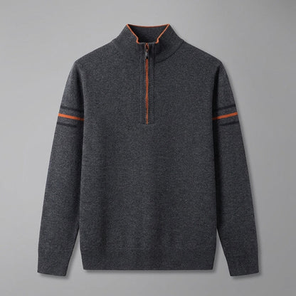 Calder Mock-Neck Quarter-Zip Sweater in Soft Lightweight Knit for Easy Layering with Contrast Sleeve Stripes - The Southern AtelierSKU_1791063572063_576