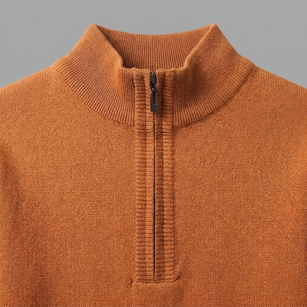 Calder Mock-Neck Quarter-Zip Sweater in Soft Lightweight Knit for Easy Layering with Contrast Sleeve Stripes - The Southern AtelierSKU_1791063572063_673