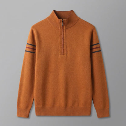 Calder Mock-Neck Quarter-Zip Sweater in Soft Lightweight Knit for Easy Layering with Contrast Sleeve Stripes - The Southern AtelierSKU_1791063572063_673