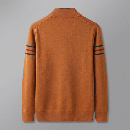Calder Mock-Neck Quarter-Zip Sweater in Soft Lightweight Knit for Easy Layering with Contrast Sleeve Stripes - The Southern AtelierSKU_1791063572063_673