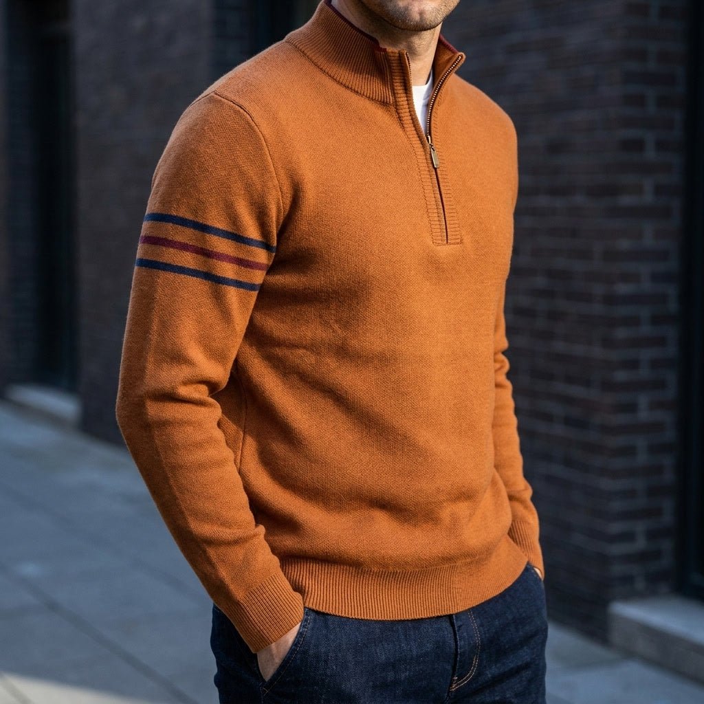 Calder Mock-Neck Quarter-Zip Sweater in Soft Lightweight Knit for Easy Layering with Contrast Sleeve Stripes - The Southern AtelierSKU_1791063572063_673