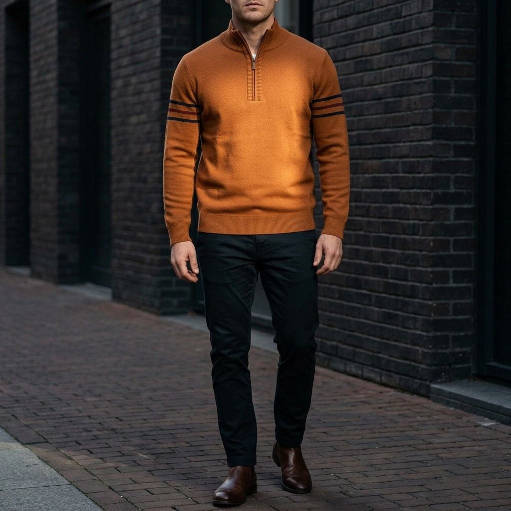 Calder Mock-Neck Quarter-Zip Sweater in Soft Lightweight Knit for Easy Layering with Contrast Sleeve Stripes - The Southern AtelierSKU_1791063572063_673