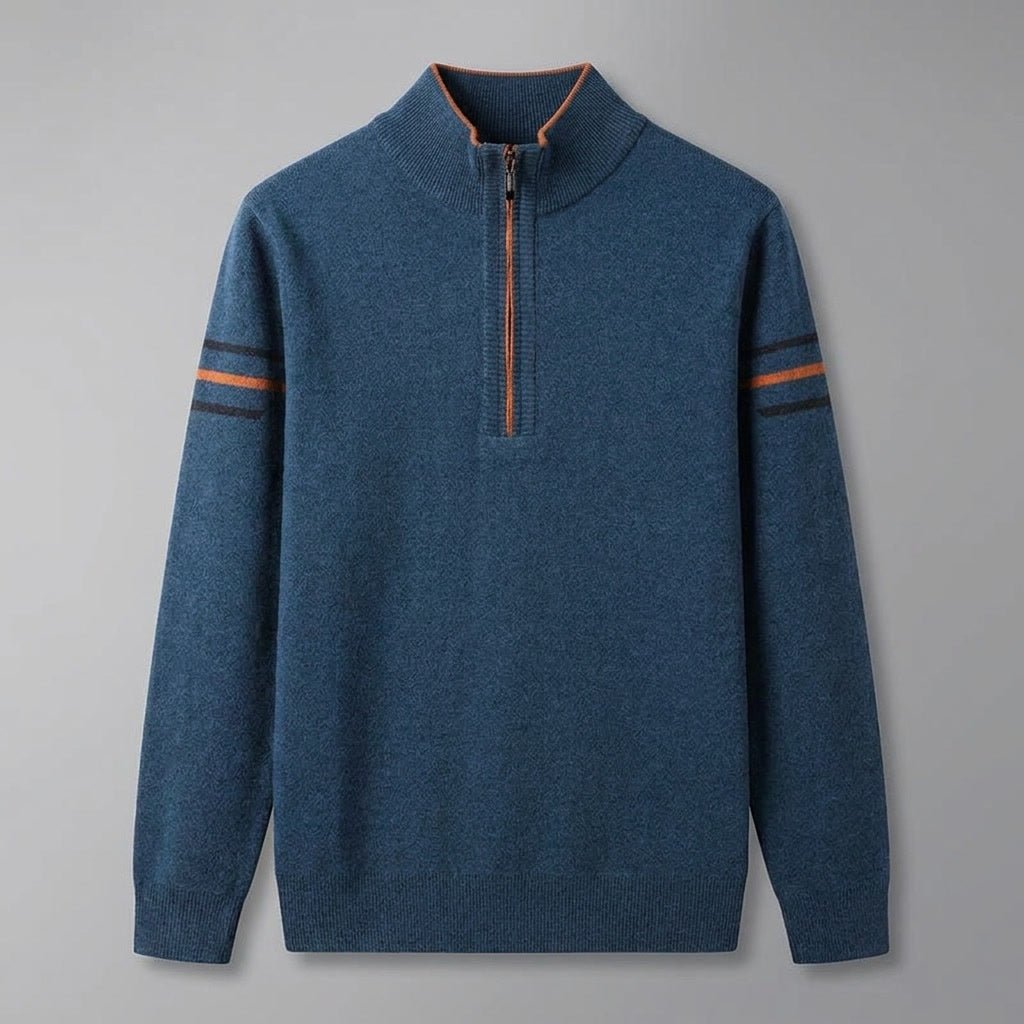 Calder Mock-Neck Quarter-Zip Sweater in Soft Lightweight Knit for Easy Layering with Contrast Sleeve Stripes - The Southern AtelierSKU_1791063572064_33