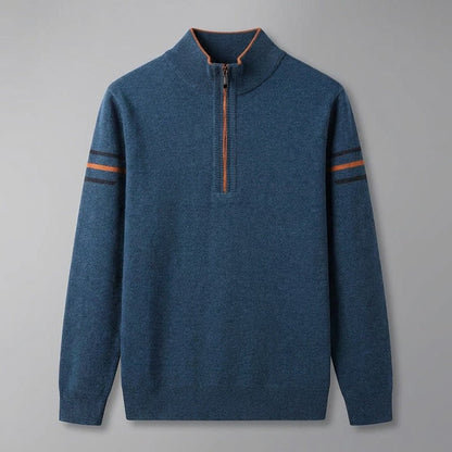Calder Mock-Neck Quarter-Zip Sweater in Soft Lightweight Knit for Easy Layering with Contrast Sleeve Stripes - The Southern AtelierSKU_1791063572064_33