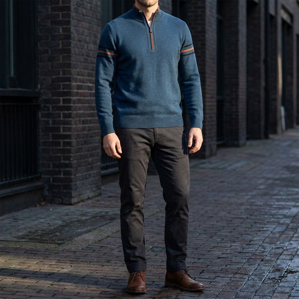 Calder Mock-Neck Quarter-Zip Sweater in Soft Lightweight Knit for Easy Layering with Contrast Sleeve Stripes - The Southern AtelierSKU_1791063572064_33