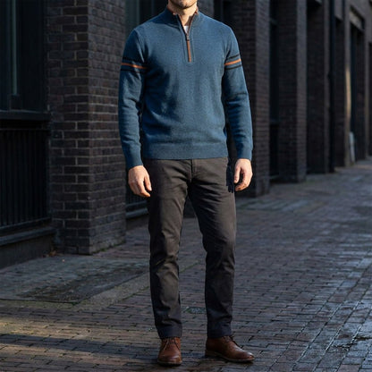 Calder Mock-Neck Quarter-Zip Sweater in Soft Lightweight Knit for Easy Layering with Contrast Sleeve Stripes - The Southern AtelierSKU_1791063572064_33