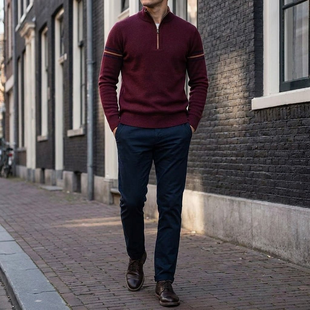 Calder Mock-Neck Quarter-Zip Sweater in Soft Lightweight Knit for Easy Layering with Contrast Sleeve Stripes - The Southern AtelierSKU_1791063572064_785