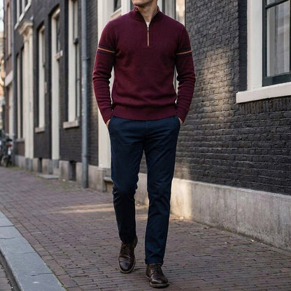 Calder Mock-Neck Quarter-Zip Sweater in Soft Lightweight Knit for Easy Layering with Contrast Sleeve Stripes - The Southern AtelierSKU_1791063572064_785