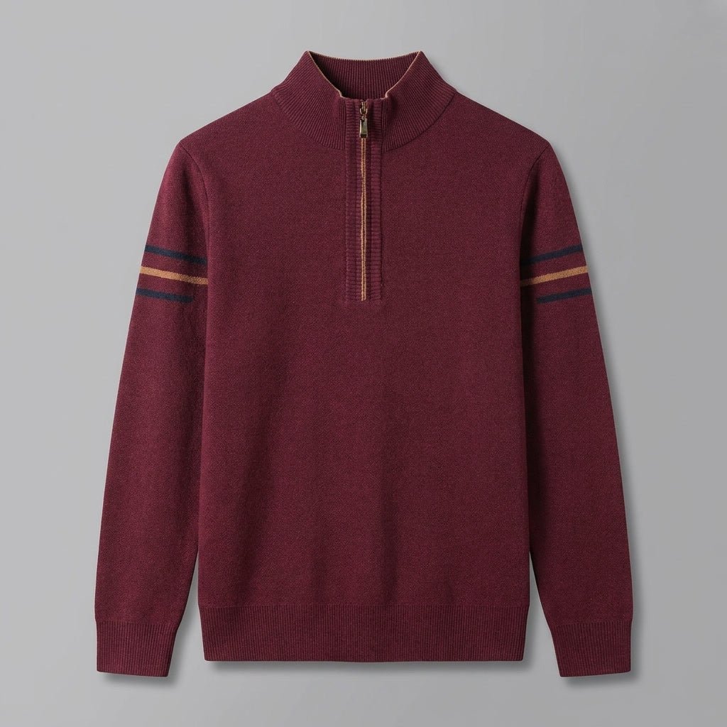 Calder Mock-Neck Quarter-Zip Sweater in Soft Lightweight Knit for Easy Layering with Contrast Sleeve Stripes - The Southern AtelierSKU_1791063572064_785