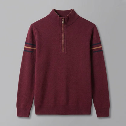 Calder Mock-Neck Quarter-Zip Sweater in Soft Lightweight Knit for Easy Layering with Contrast Sleeve Stripes - The Southern AtelierSKU_1791063572064_785