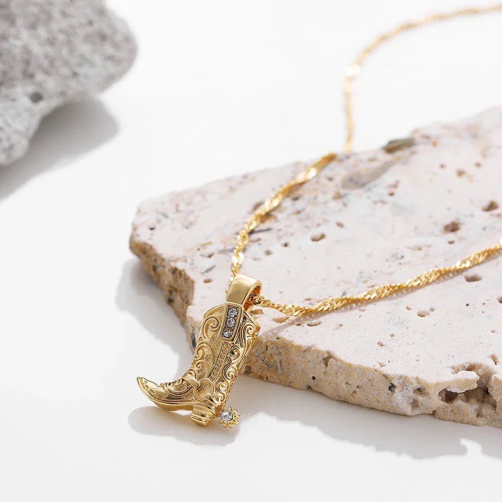 Canyon Cowgirl Boot Pendant Necklace in Tarnish-Resistant Stainless Steel with 17 in Chain, Gold or Silver Finish - The Southern AtelierSKU_1791064343973_310