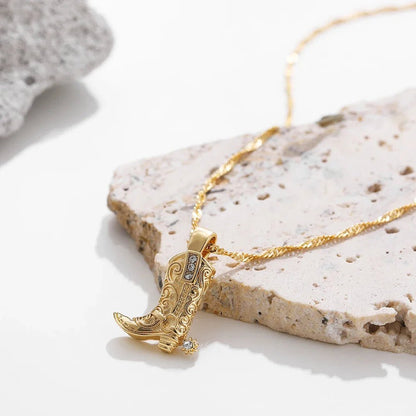 Canyon Cowgirl Boot Pendant Necklace in Tarnish-Resistant Stainless Steel with 17 in Chain, Gold or Silver Finish - The Southern AtelierSKU_1791064343973_310