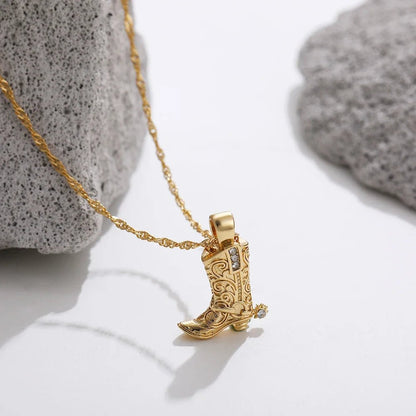 Canyon Cowgirl Boot Pendant Necklace in Tarnish-Resistant Stainless Steel with 17 in Chain, Gold or Silver Finish - The Southern AtelierSKU_1791064343973_310