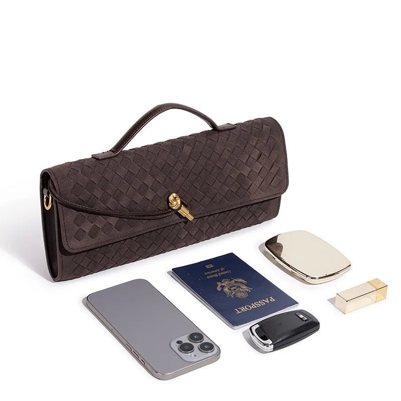 Elara Suede Mini Handbag with Woven Exterior and Adjustable Leather Strap for Organized Everyday Carry - The Southern AtelierSKU_1791062728781_942