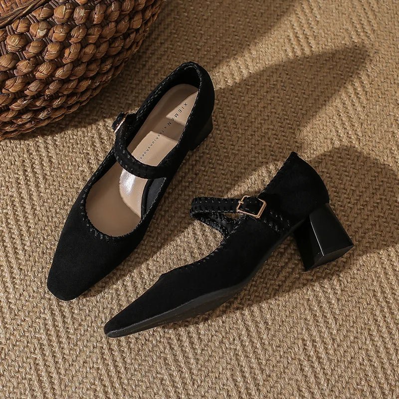 Elara Suede Pointed-Toe Block-Heel Pumps with Adjustable Strap for a Secure Fit - The Southern AtelierSKU_1791063524571_249
