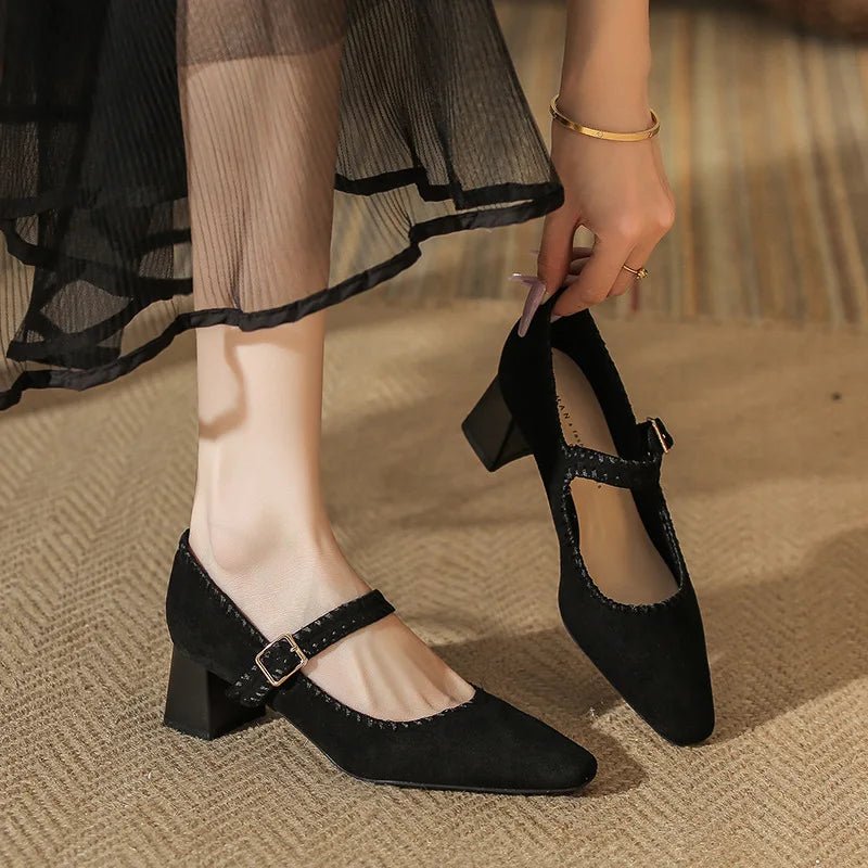 Elara Suede Pointed-Toe Block-Heel Pumps with Adjustable Strap for a Secure Fit - The Southern AtelierSKU_1791063524571_249