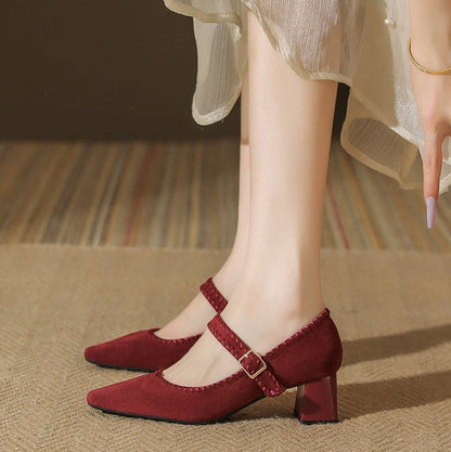 Elara Suede Pointed-Toe Block-Heel Pumps with Adjustable Strap for a Secure Fit - The Southern AtelierSKU_1791063524571_249