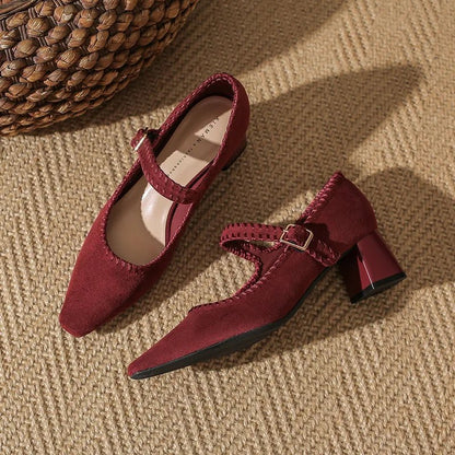 Elara Suede Pointed-Toe Block-Heel Pumps with Adjustable Strap for a Secure Fit - The Southern AtelierSKU_1791063524571_686
