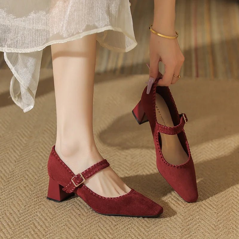 Elara Suede Pointed-Toe Block-Heel Pumps with Adjustable Strap for a Secure Fit - The Southern AtelierSKU_1791063524571_686