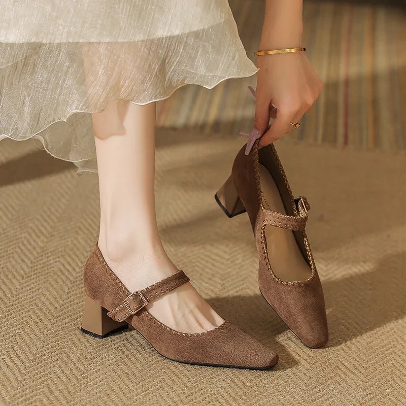 Elara Suede Pointed-Toe Block-Heel Pumps with Adjustable Strap for a Secure Fit - The Southern AtelierSKU_1791063524571_785