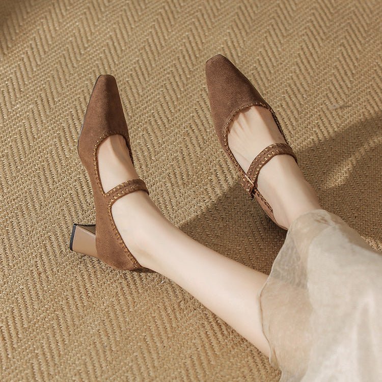 Elara Suede Pointed-Toe Block-Heel Pumps with Adjustable Strap for a Secure Fit - The Southern AtelierSKU_1791063524571_785
