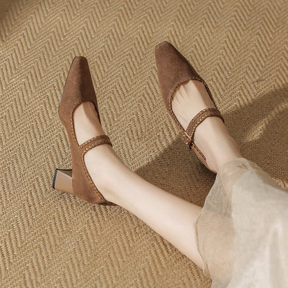 Elara Suede Pointed-Toe Block-Heel Pumps with Adjustable Strap for a Secure Fit - The Southern AtelierSKU_1791063524571_785