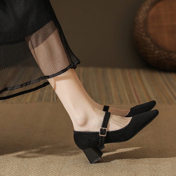 Elara Suede Pointed-Toe Block-Heel Pumps with Adjustable Strap for a Secure Fit - The Southern AtelierSKU_1791063524571_932