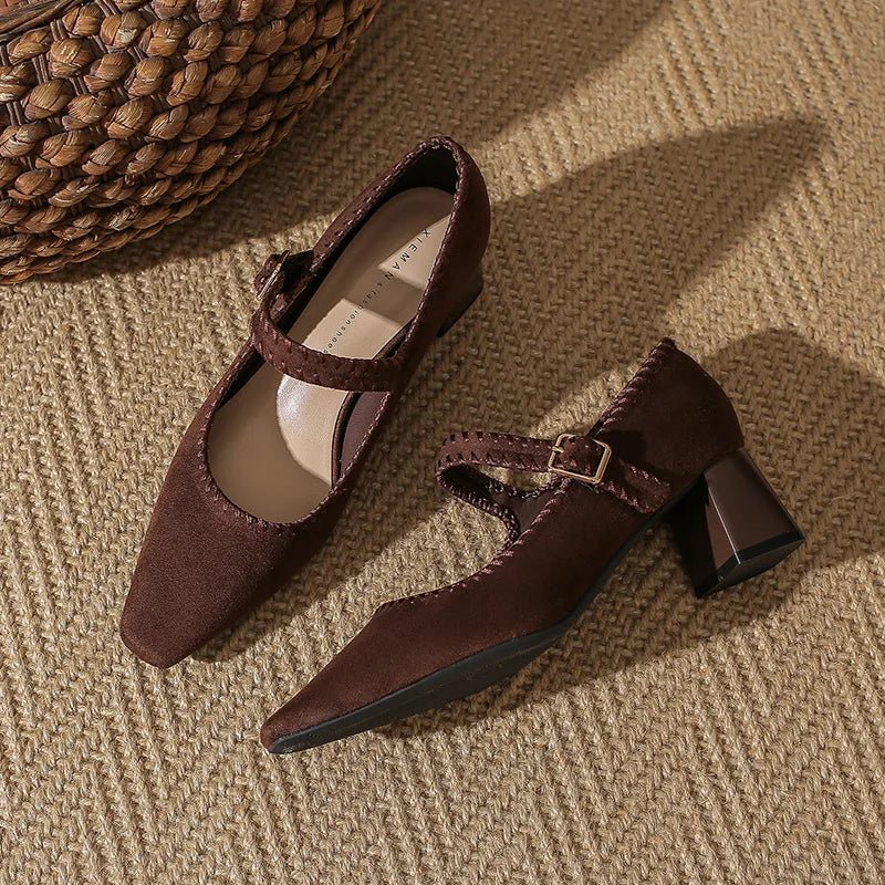 Elara Suede Pointed-Toe Block-Heel Pumps with Adjustable Strap for a Secure Fit - The Southern AtelierSKU_1791063524571_932