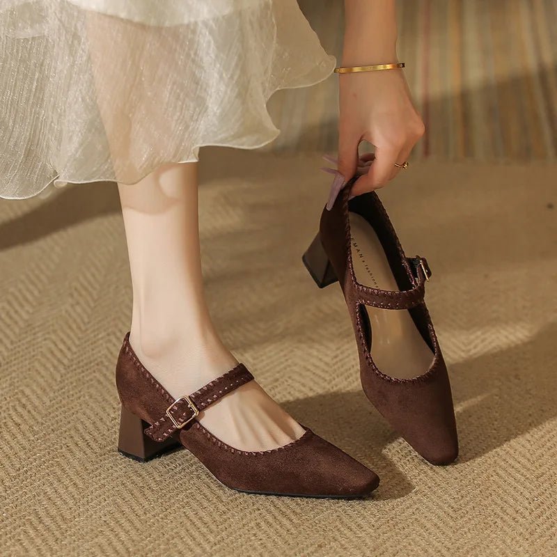 Elara Suede Pointed-Toe Block-Heel Pumps with Adjustable Strap for a Secure Fit - The Southern AtelierSKU_1791063524571_932