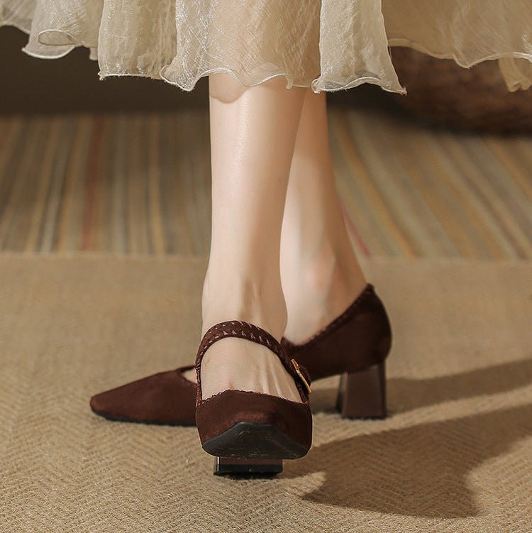 Elara Suede Pointed-Toe Block-Heel Pumps with Adjustable Strap for a Secure Fit - The Southern AtelierSKU_1791063524571_932