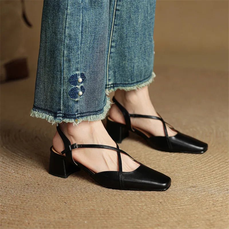 Elowen Closed-Toe Genuine Leather Block Heel Pumps with Adjustable Buckle Strap and Non-Slip Soles - The Southern AtelierSKU_1791063696895_11