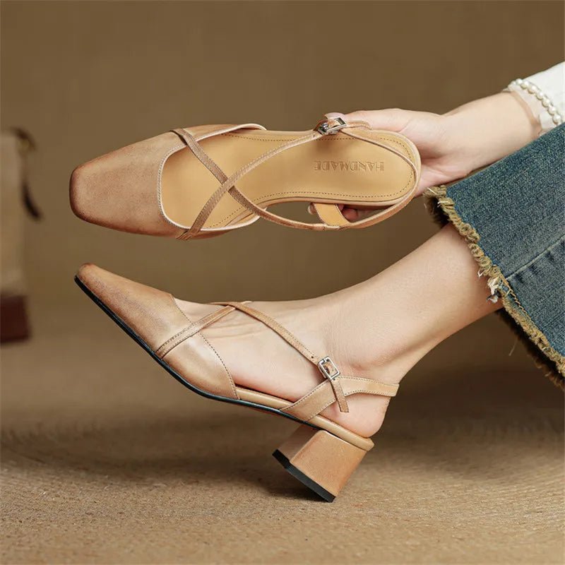 Elowen Closed-Toe Genuine Leather Block Heel Pumps with Adjustable Buckle Strap and Non-Slip Soles - The Southern AtelierSKU_1791063696895_26