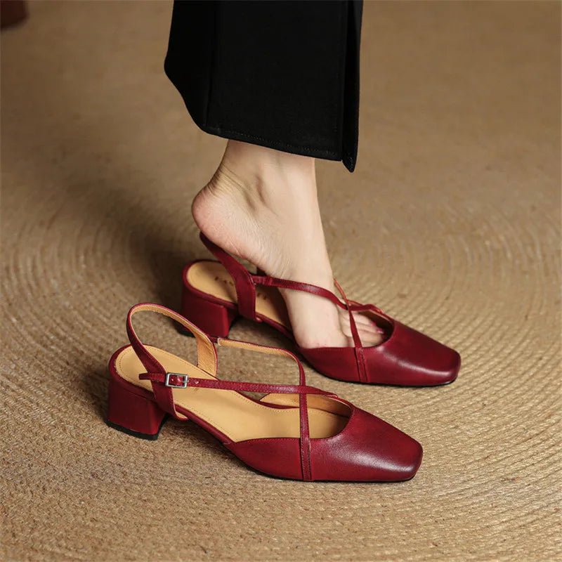 Elowen Closed-Toe Genuine Leather Block Heel Pumps with Adjustable Buckle Strap and Non-Slip Soles - The Southern AtelierSKU_1791063696895_773